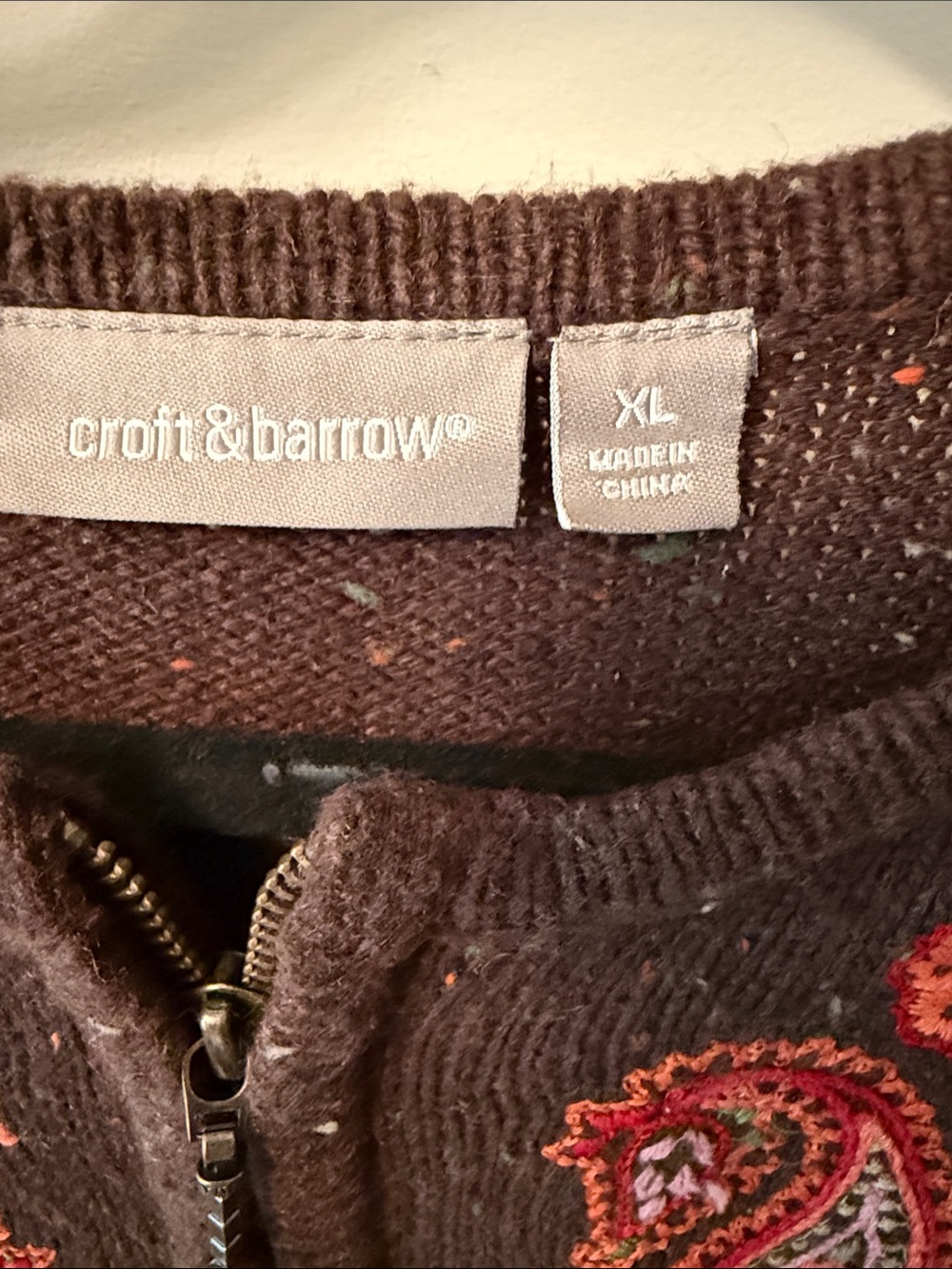 Vintage Croft & Barrow Brown Zip Cardigan with Multicolor Paisley Embroidery - Picture 2 of 7